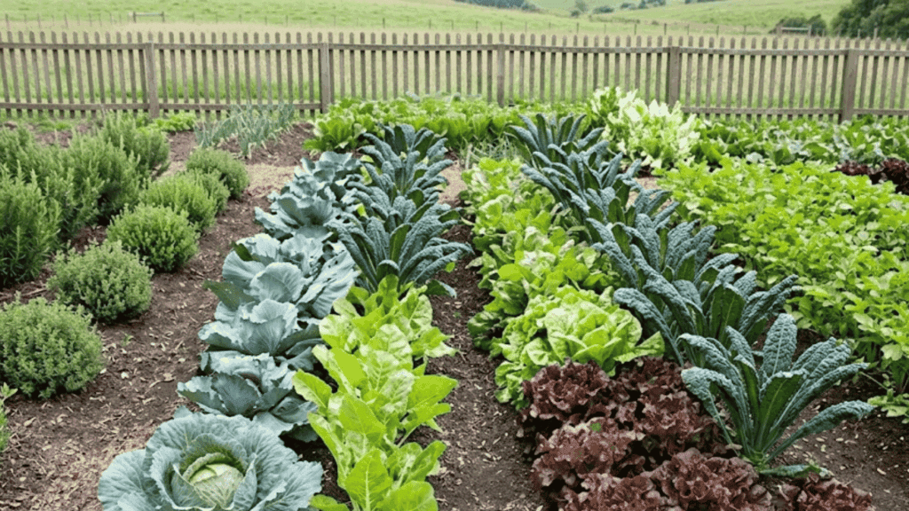 rows of leafy vegetables and herbs growing in a well maintained garden bed enclosed by a wooden fence in open countryside
