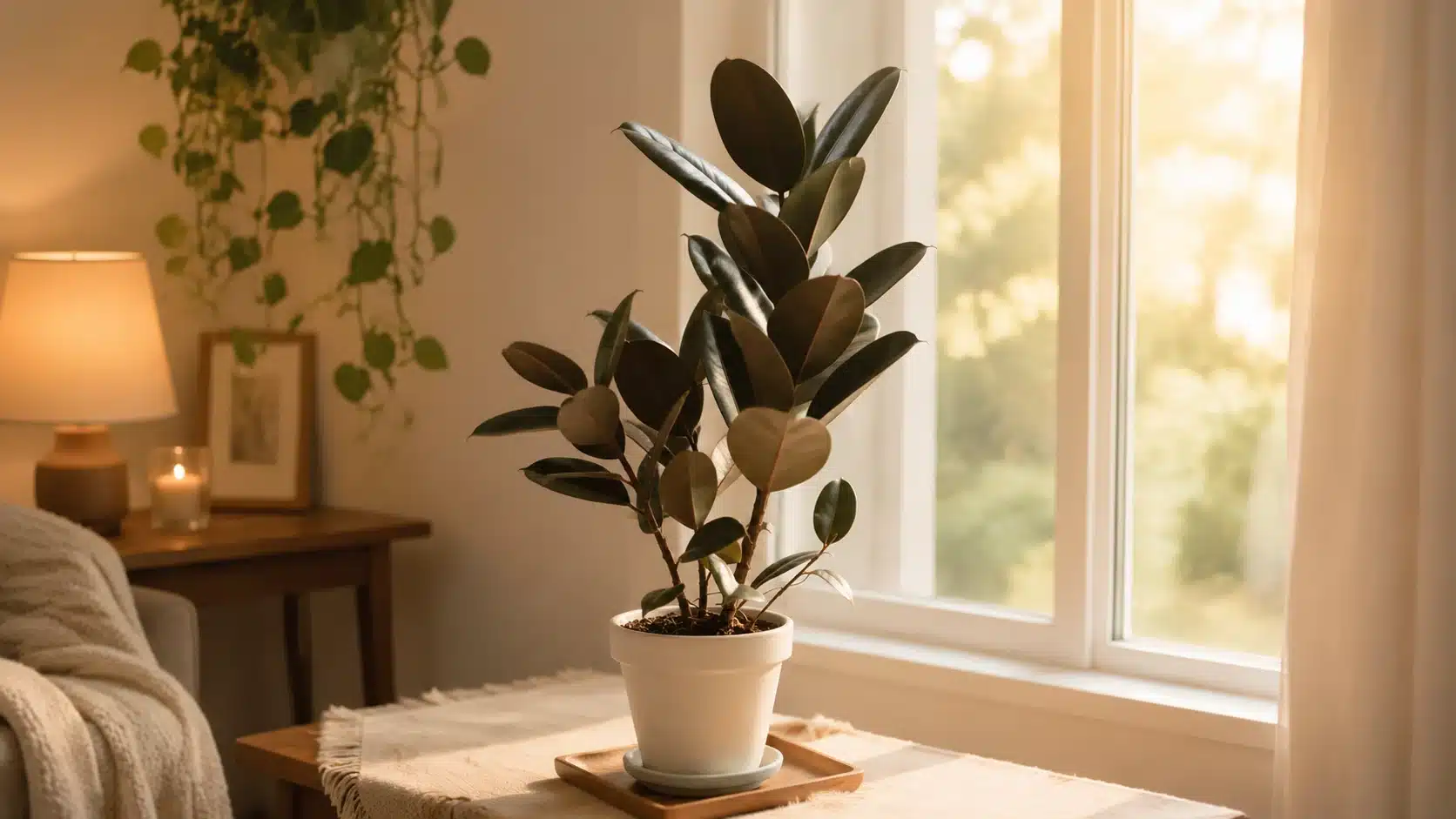 Rubber plant with large glossy leaves near a sunlit window