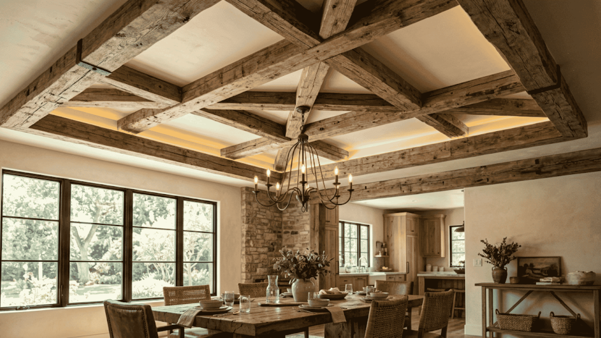 rustic wood beam tray ceiling with exposed timber beams adding warmth and character to a bright open kitchen dining area