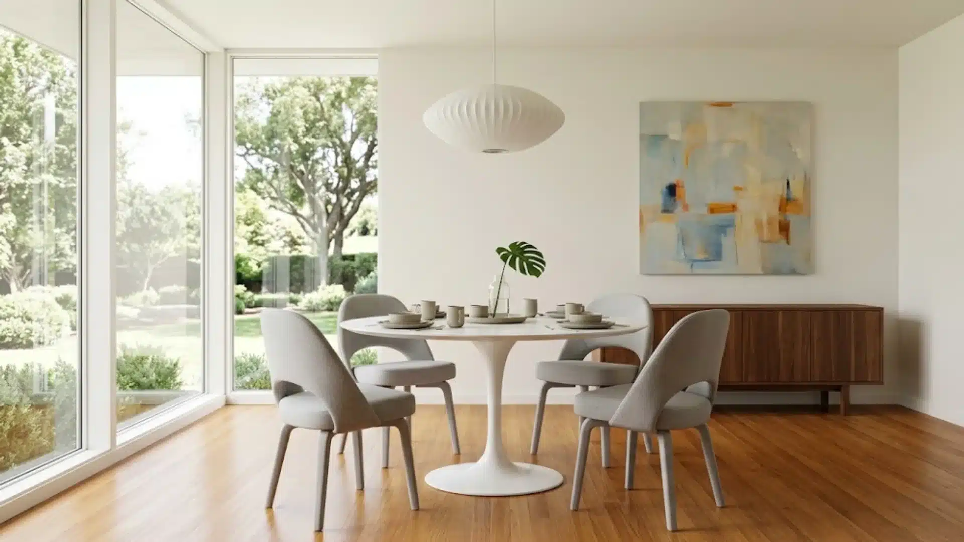 Saarinen Tulip table in a 1950s mid century modern house interior dining space