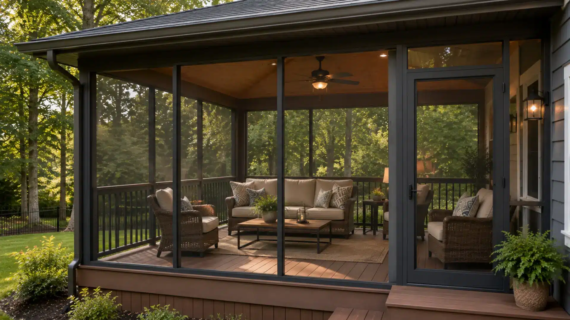 Screened-in deck porch enclosed with fine mesh panels, furnished with wicker seating and a ceiling fan