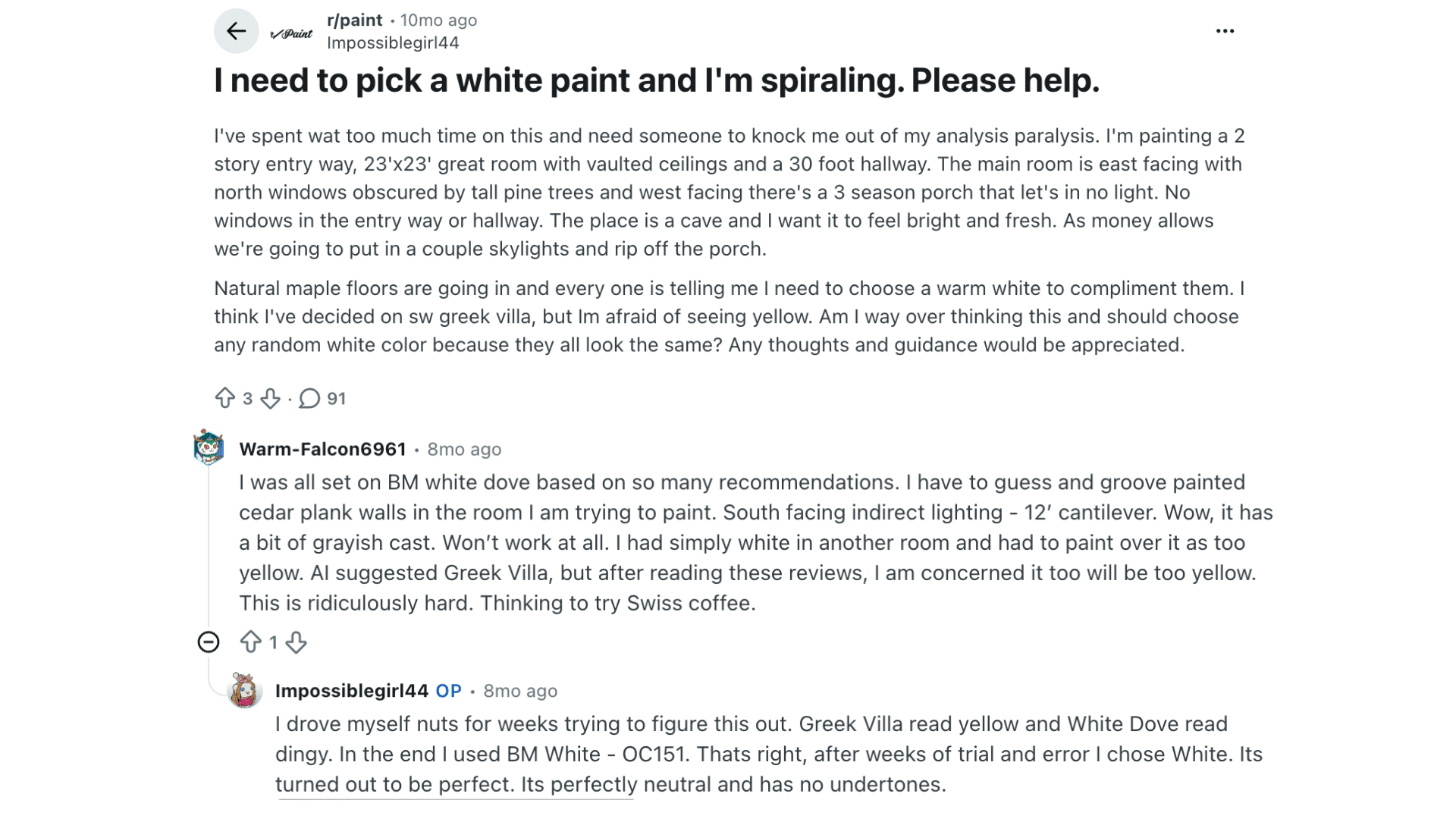 screenshot of a reddit discussion about choosing white paint colors with comments recommending neutral white options