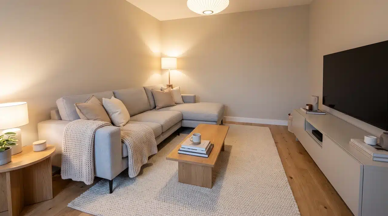 Small living room with sectional sofa chaise against wall, open walkway, and cozy furniture arrangement.