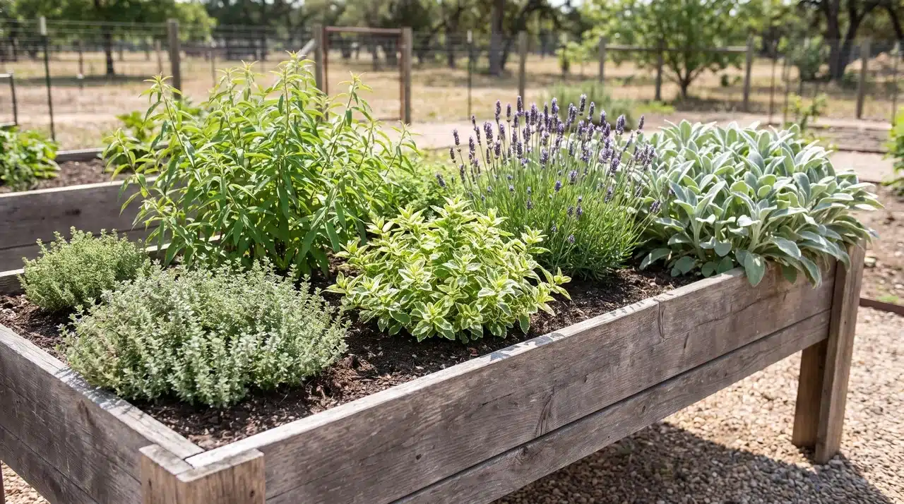Waist-high raised herb garden with woolly thyme, lemon verbena, pineapple mint, lavender, and lamb's ear spaced apart