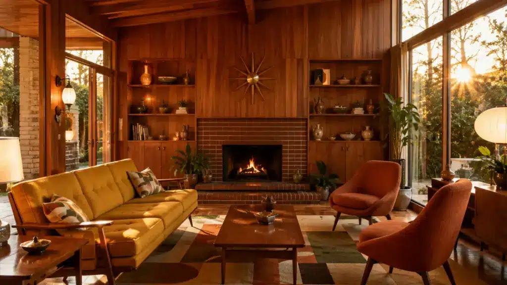17 1950s Mid-Century Modern House Interior Ideas cozy mid century modern house interior living room with low sofa, walnut furniture, and warm lighting