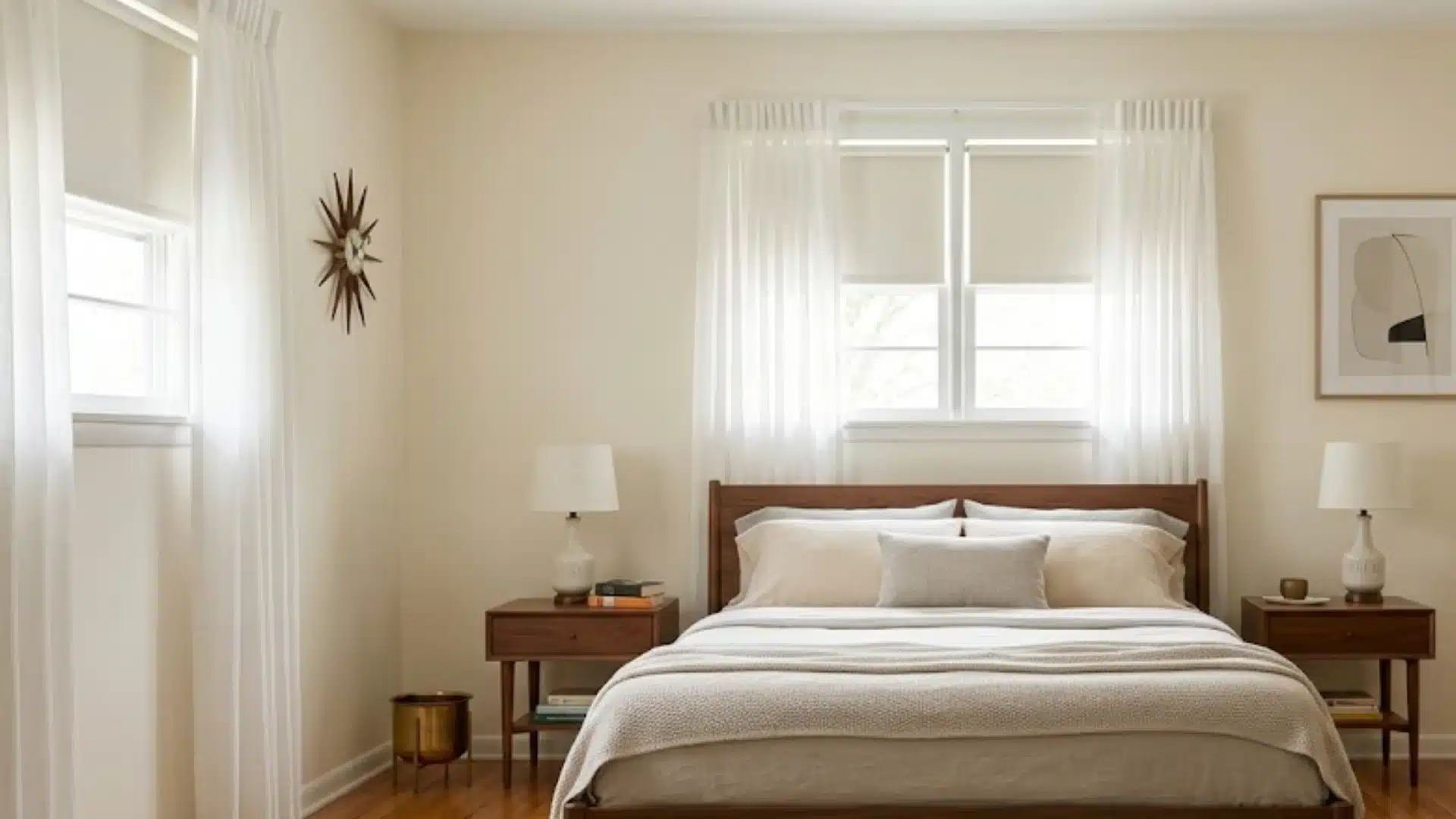 Sheer curtain layering in a 1950s mid century modern house interior living room