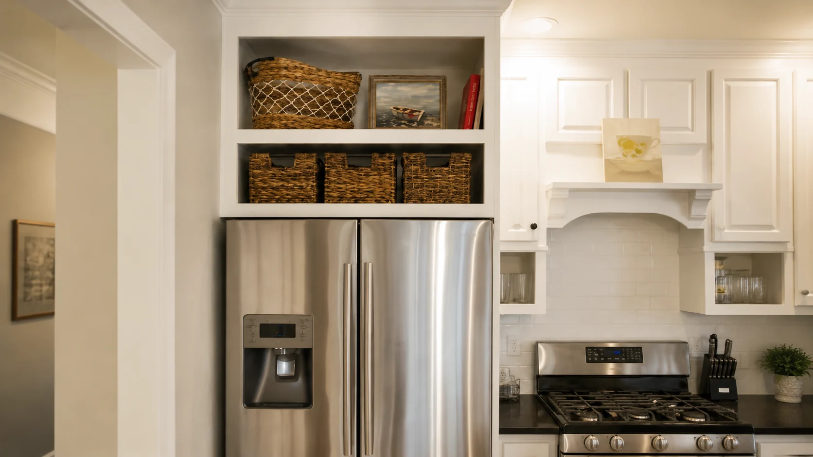 Built-in shelf above a stainless steel refrigerator with woven baskets and decor in a bright modern kitchen