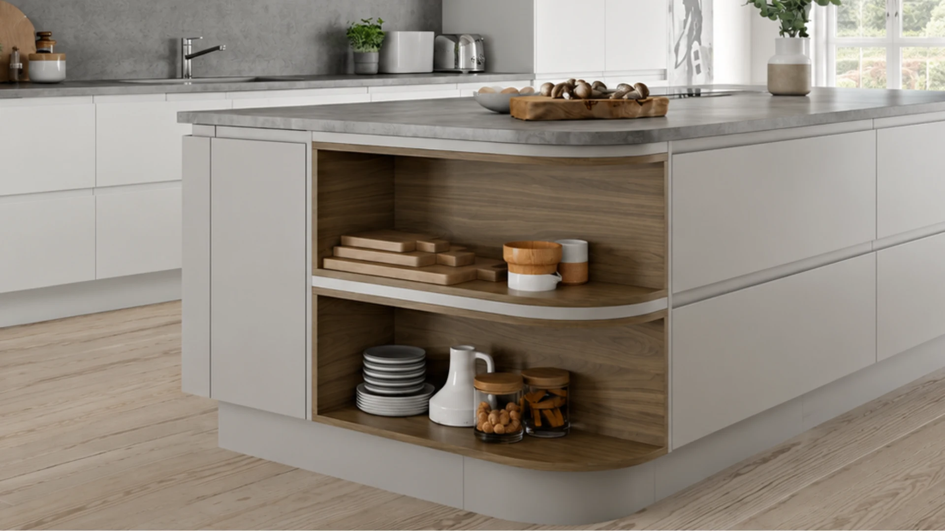 Soft modern kitchen with a curved open shelf in the island, displaying plates, jars, and wooden boards.