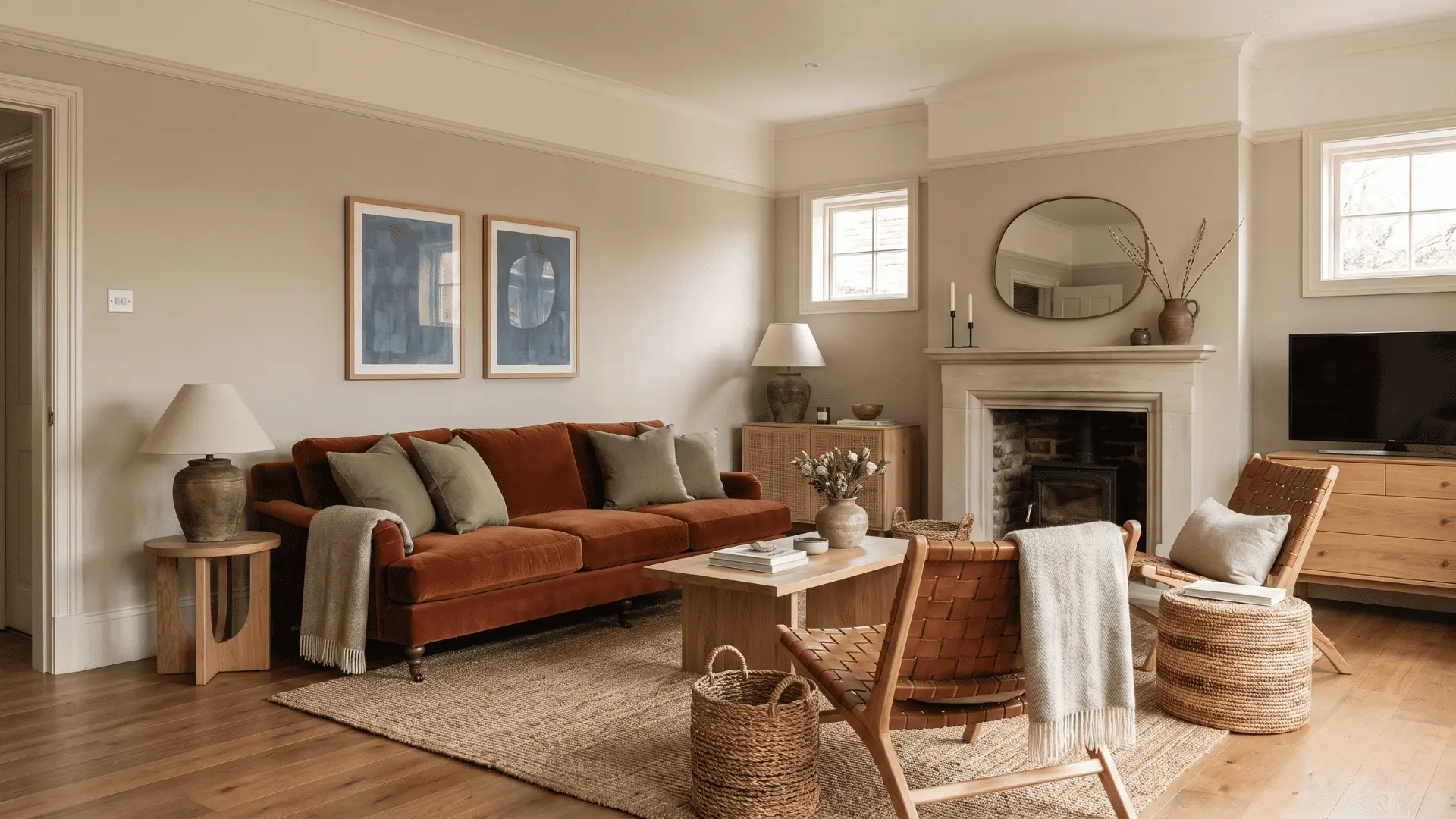 Accessible Beige-style walls with cream trim, oak flooring, rust seating, and olive accents.