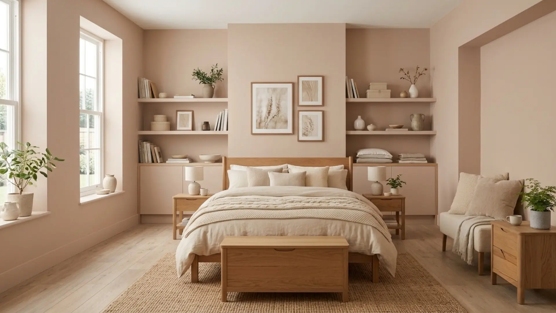 Sherwin-Williams Kilim Beige bedroom with soft pink-beige walls, warm wood furniture, and natural light.
