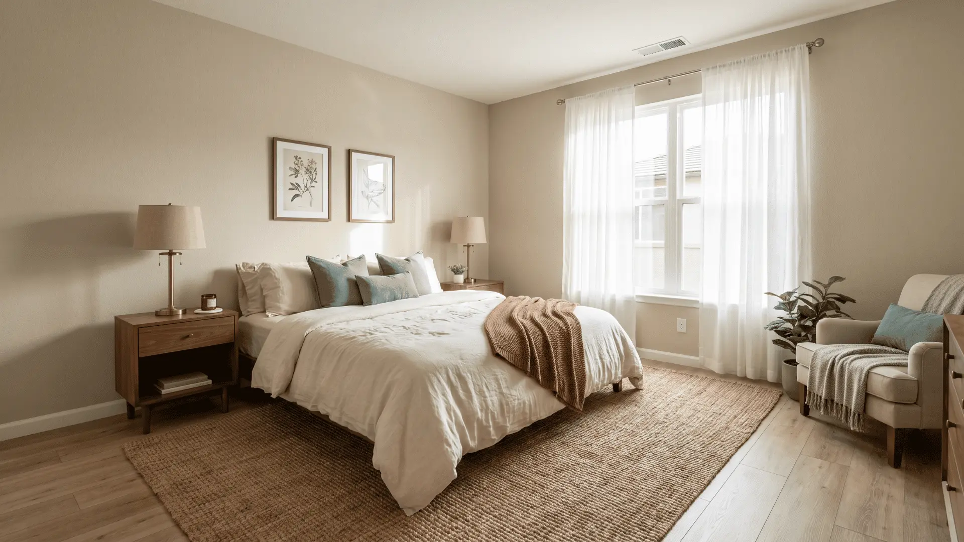 Natural Linen-style bedroom with tan-beige walls, teal cushions, and terracotta accents.