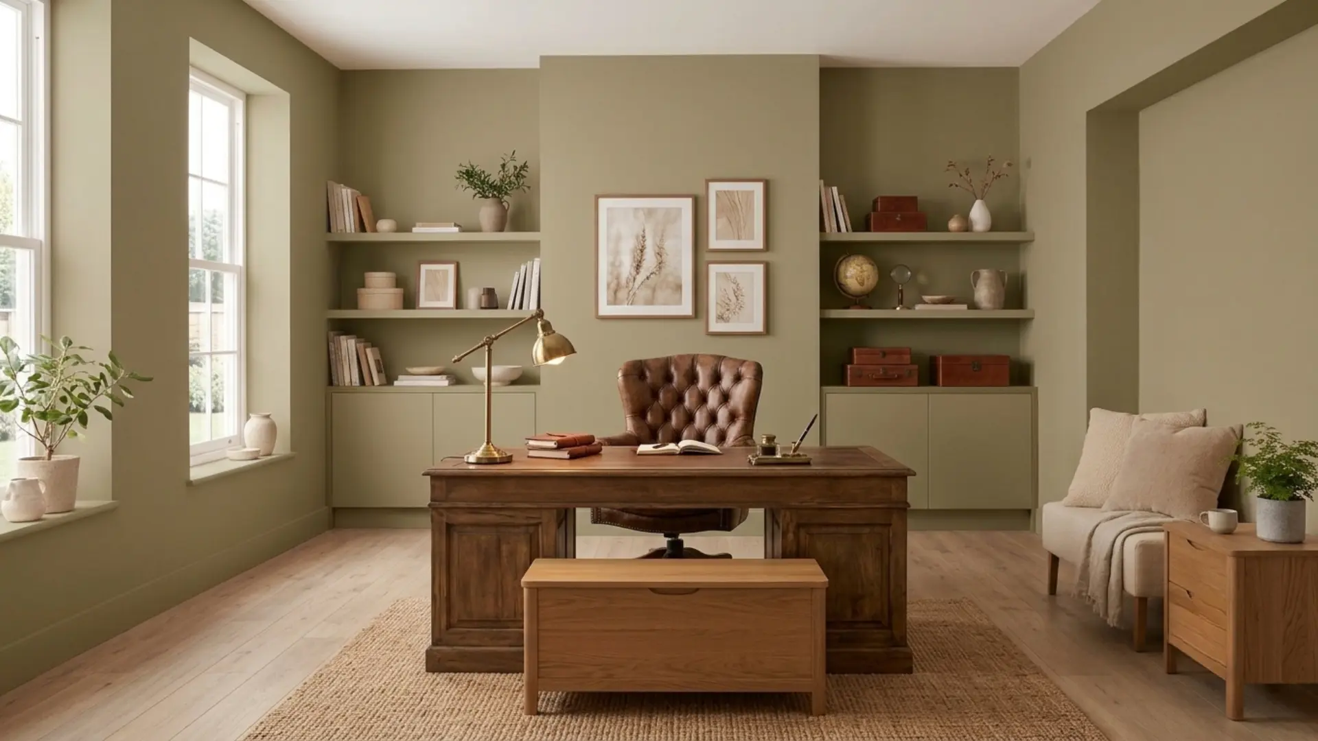 Sherwin-Williams Universal Khaki home office with earthy beige walls, wood furniture, and warm natural lighting.
