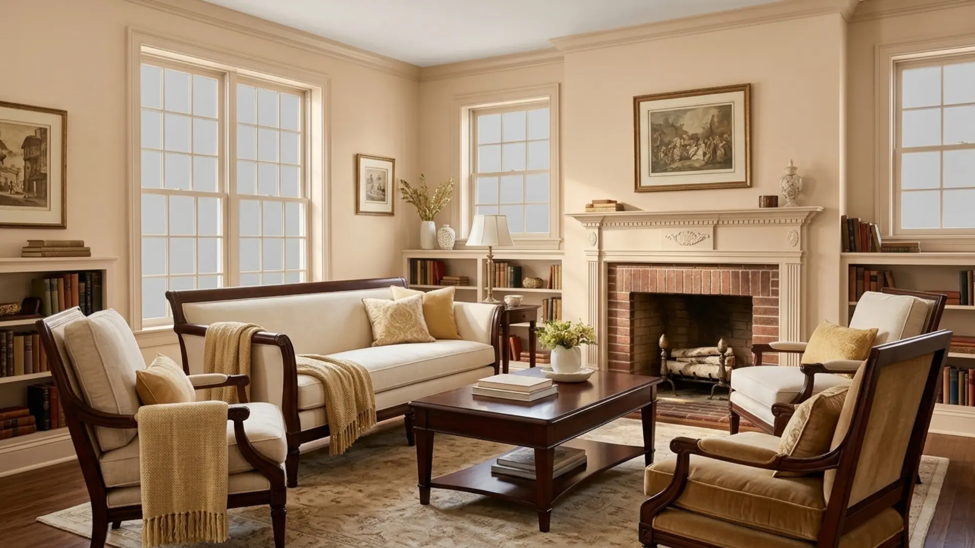 Traditional living room with beige walls, wood trim, and classic furnishings
