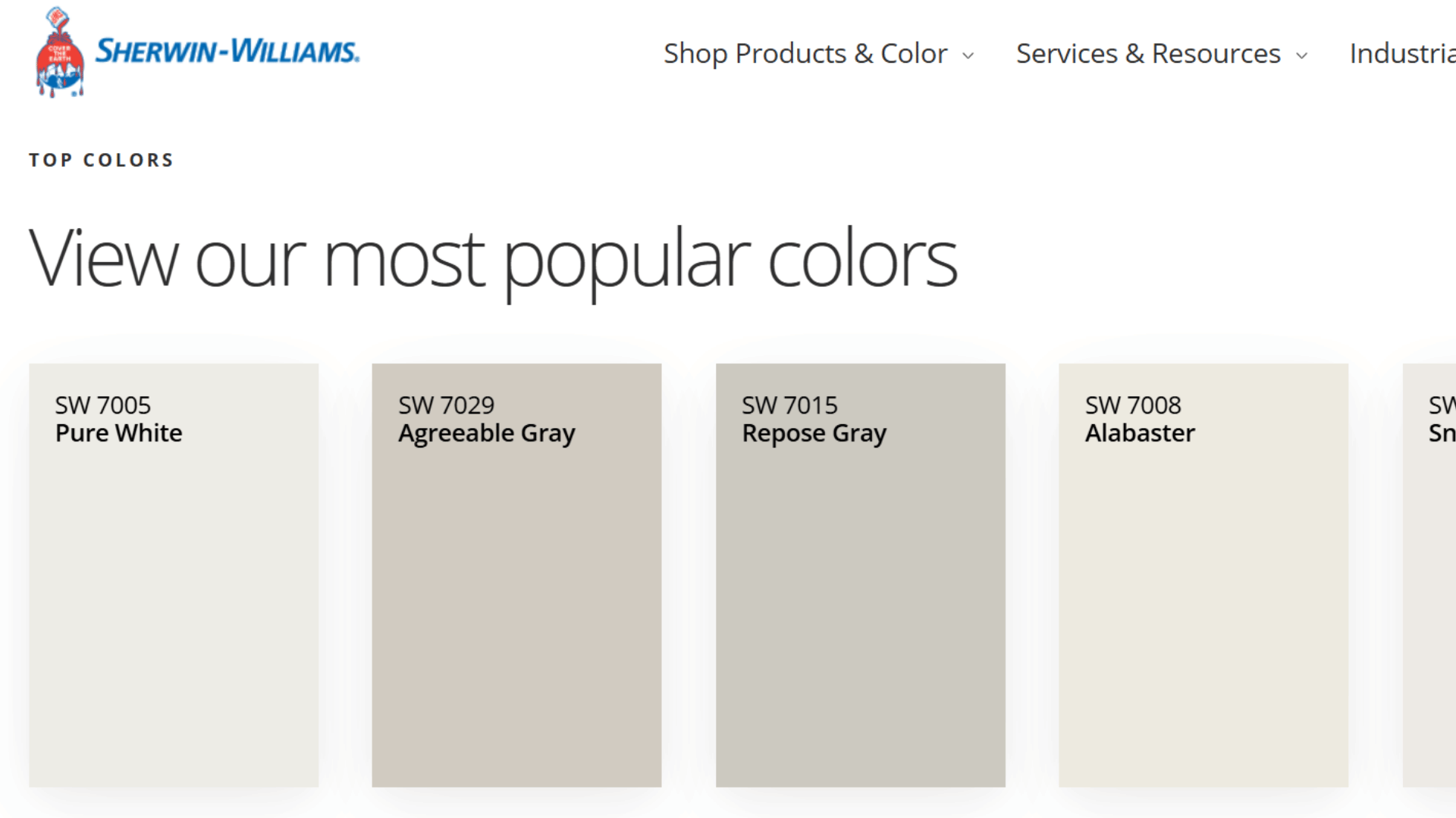 sherwin williams webpage showing top paint colors with neutral color swatches including pure white agreeable gray and alabaster
