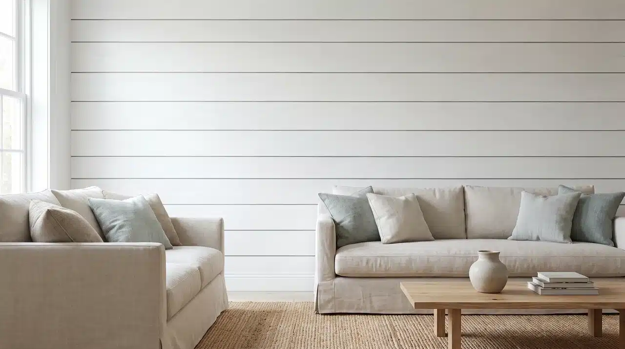 Living room with a horizontal painted shiplap feature wall showing narrow shadow gaps between boards