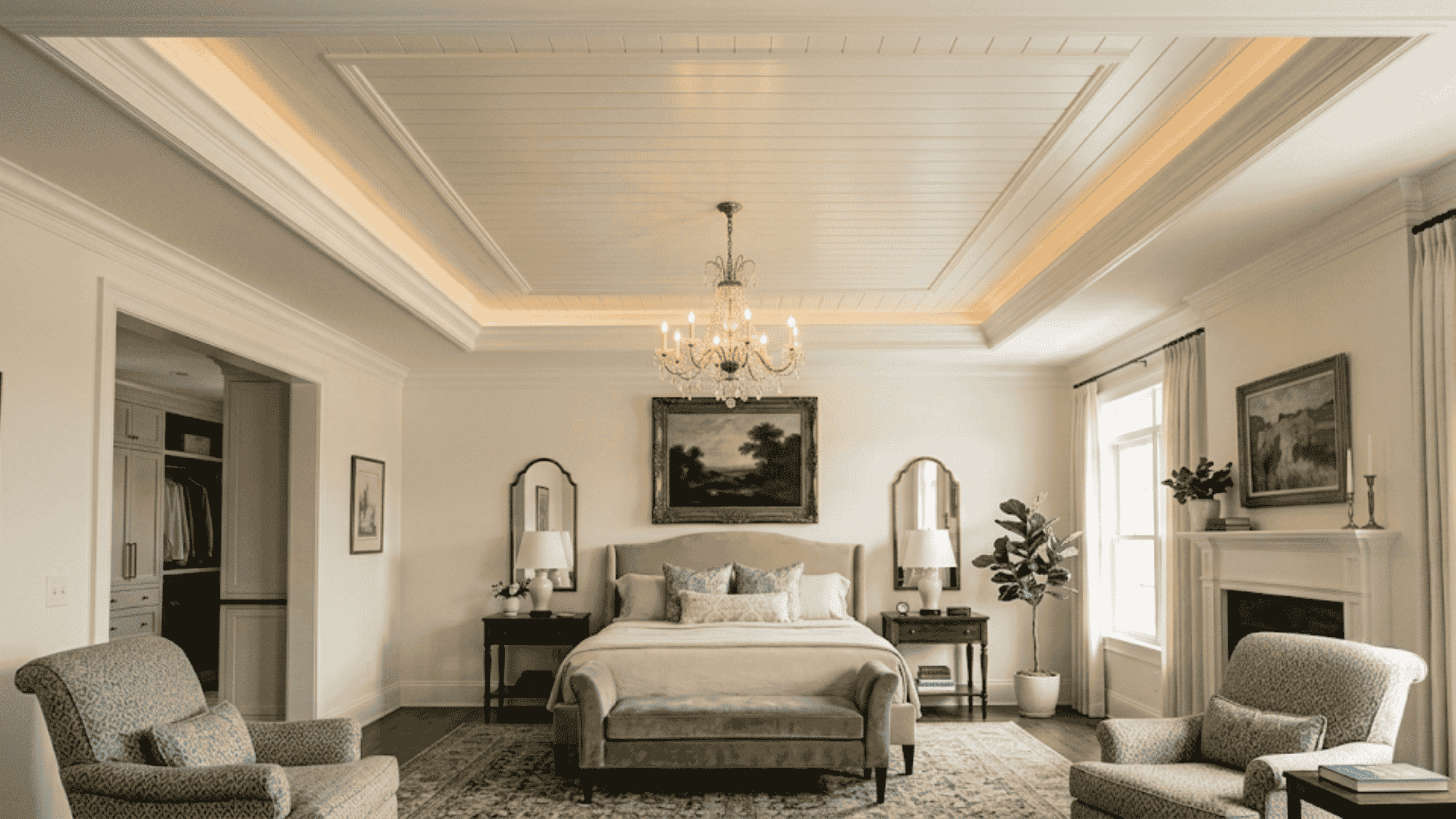 shiplap tray ceiling with rich wood planks adding rustic warmth and elegant character to a bright inviting living room