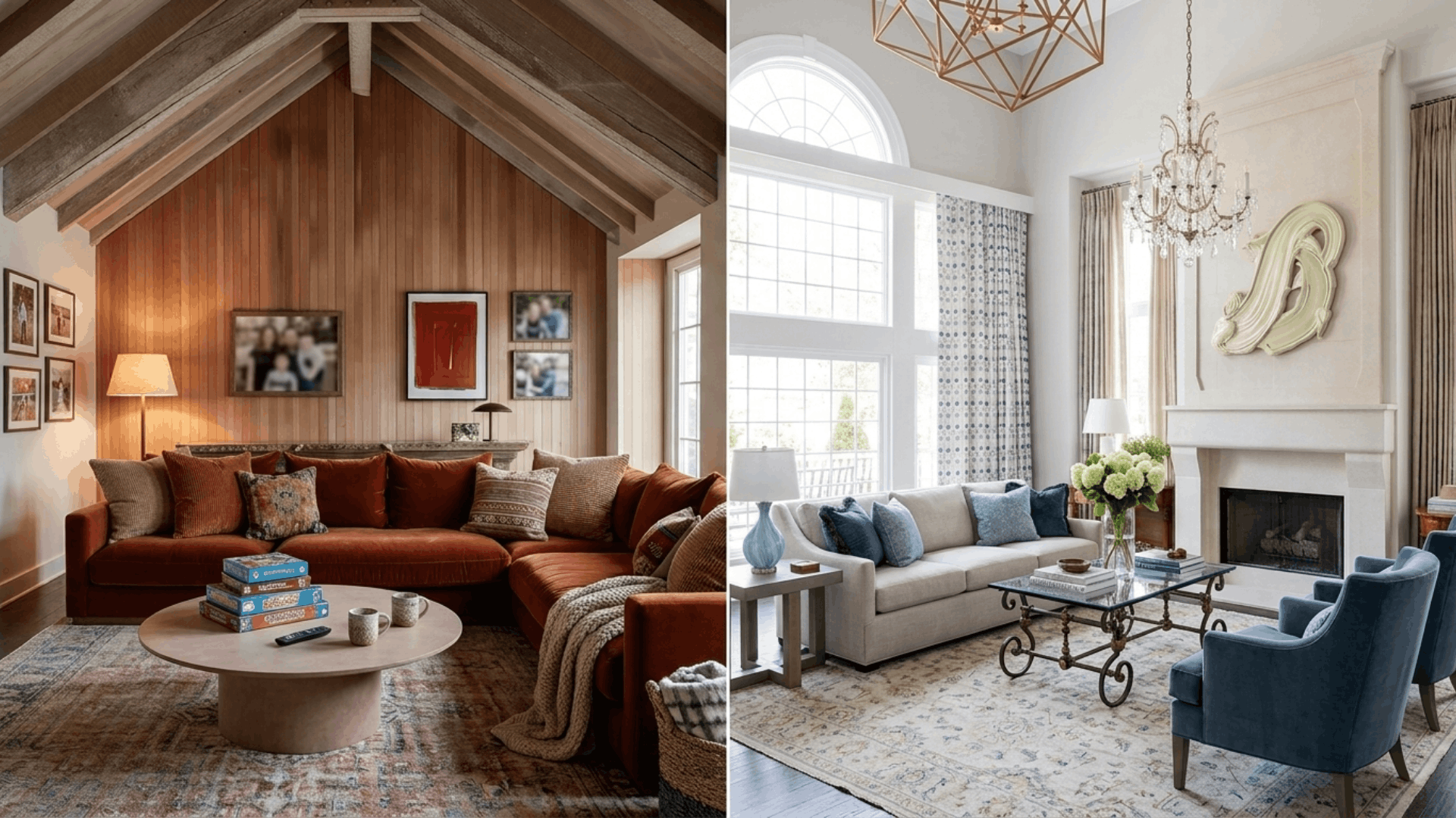 side by side family room and living room showing casual comfort compared with formal stylish seating and decor (1)