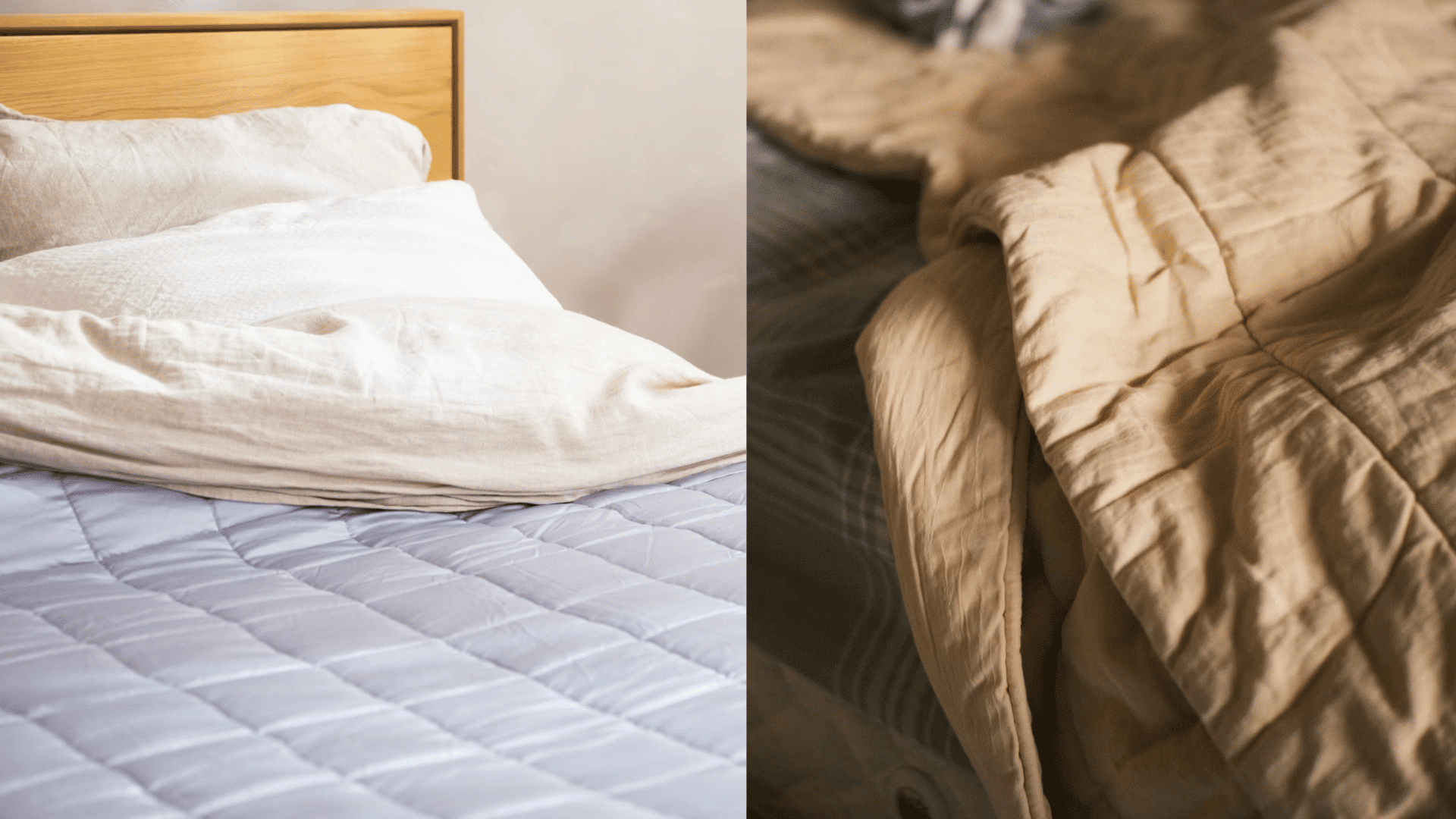 side by side view of white bedding and a beige comforter highlighting different bed linen textures and styles