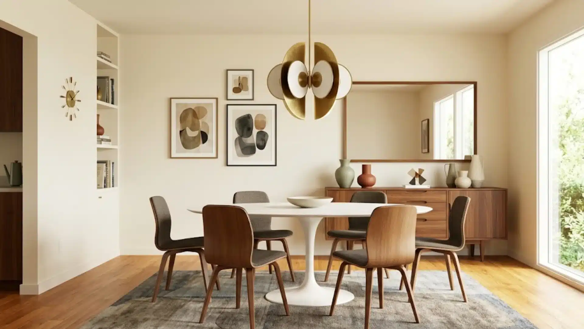 Walnut sideboard and sculptural pendant in a 1950s mid century modern house interior