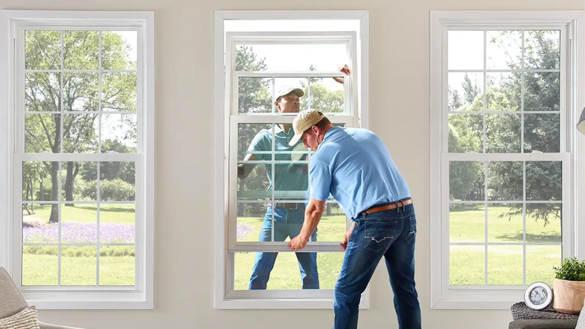 Two workers installing a white vinyl double-hung window inside a residential living space.