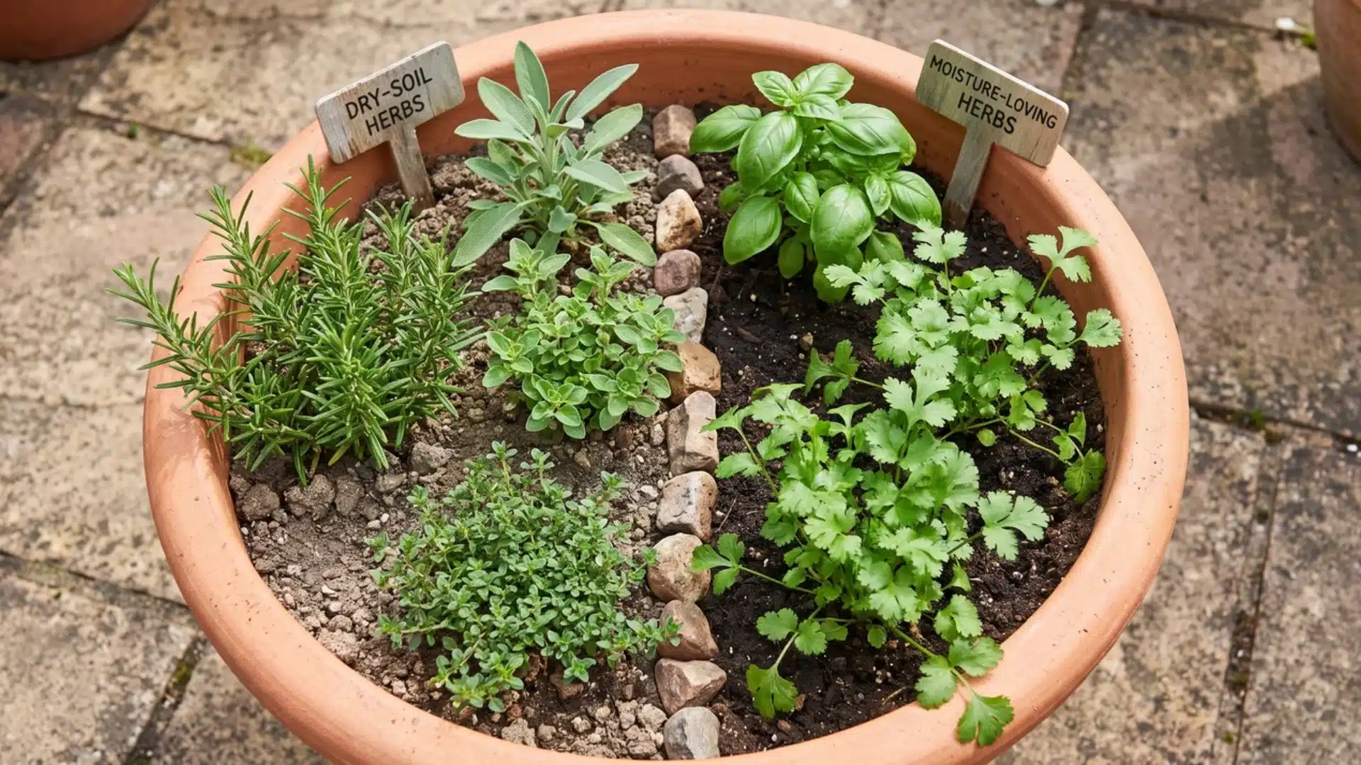 large pot with separate herb clusters rosemary thyme oregano sage and basil cilantro parsley arranged by watering need