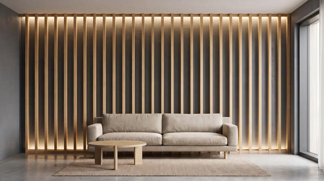Living room with a vertical timber slat feature wall and concealed LED backlighting behind the slats