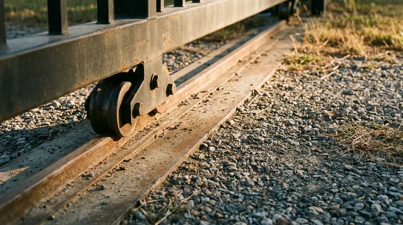Metal gate wheel on rusty track with gravel surface in outdoor setting