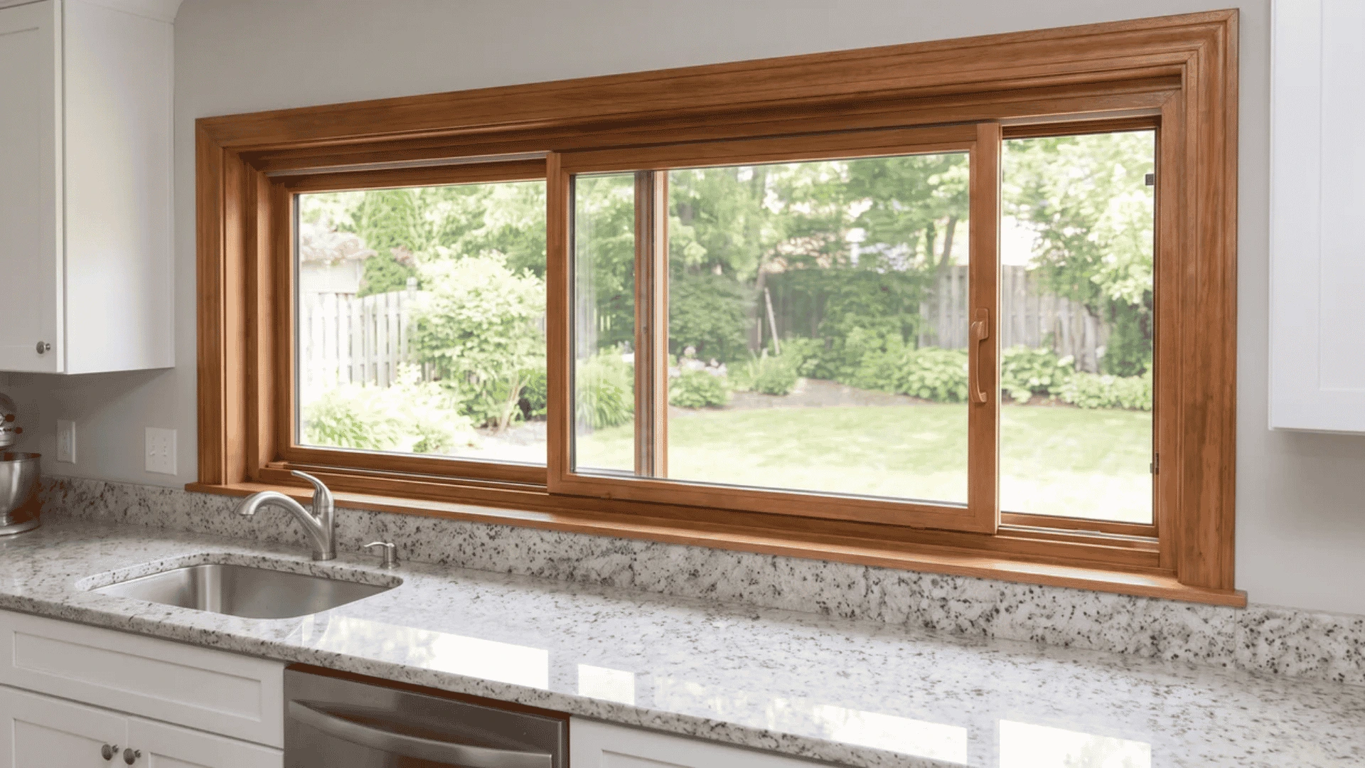 Sliding window with one fixed pane and one sash moving horizontally on a track