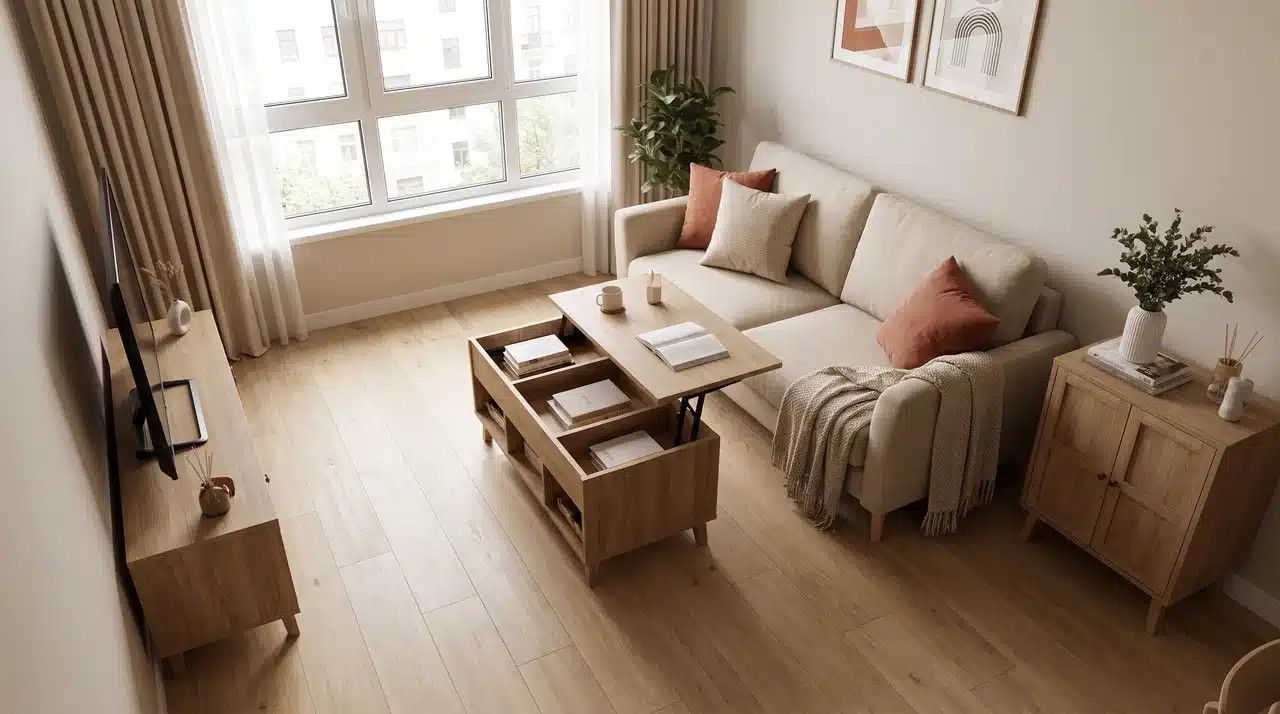 Apartment living room with flexible furniture layout, compact sofa, movable coffee table, and open floor space for multiple uses.