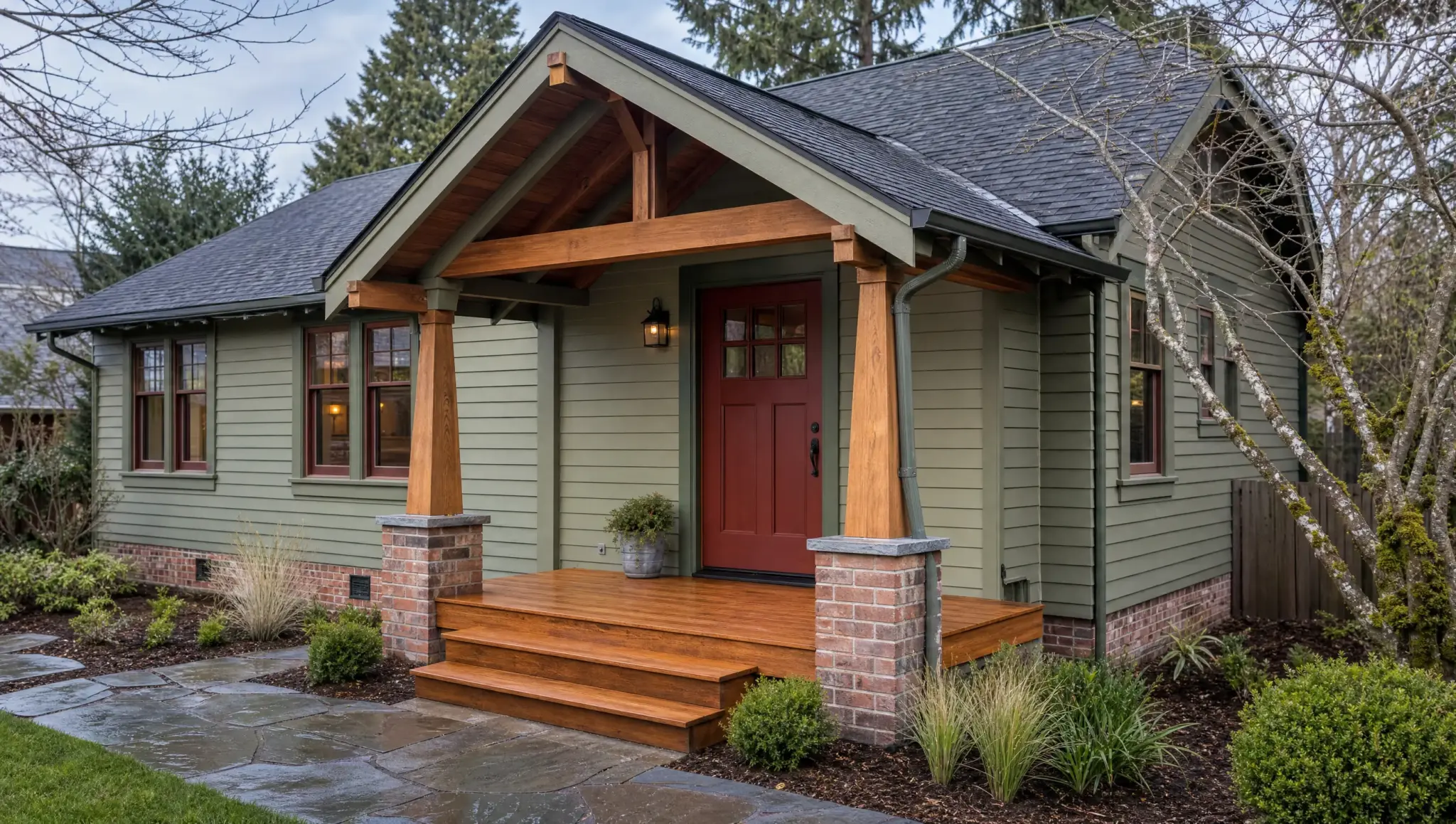 a small wooden front porch with a gable roof covering the entrance of a traditional home
