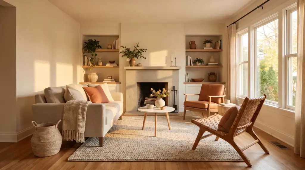 25 Small Living Room Layout Ideas to Maximize Space Cozy small living room layout with warm sunlight, smart furniture placement, and an inviting spacious design.