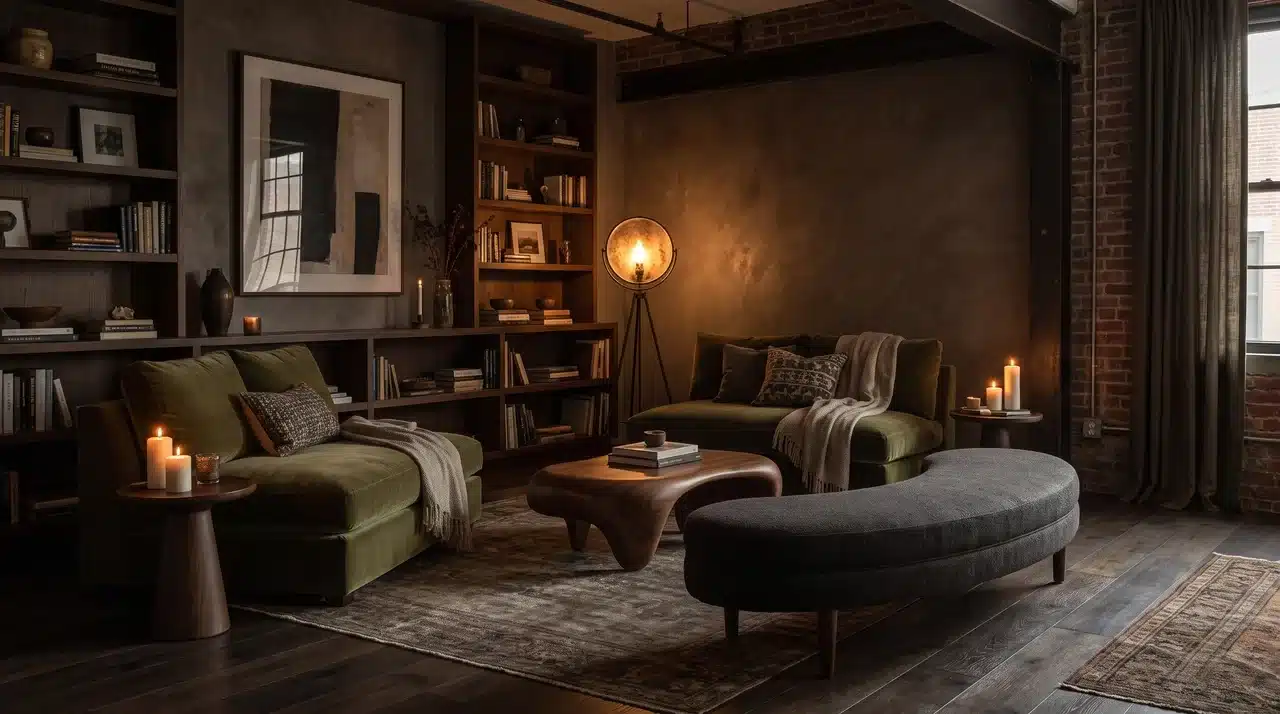 Moody small living room layout with a central conversation area using layered seating and open space.