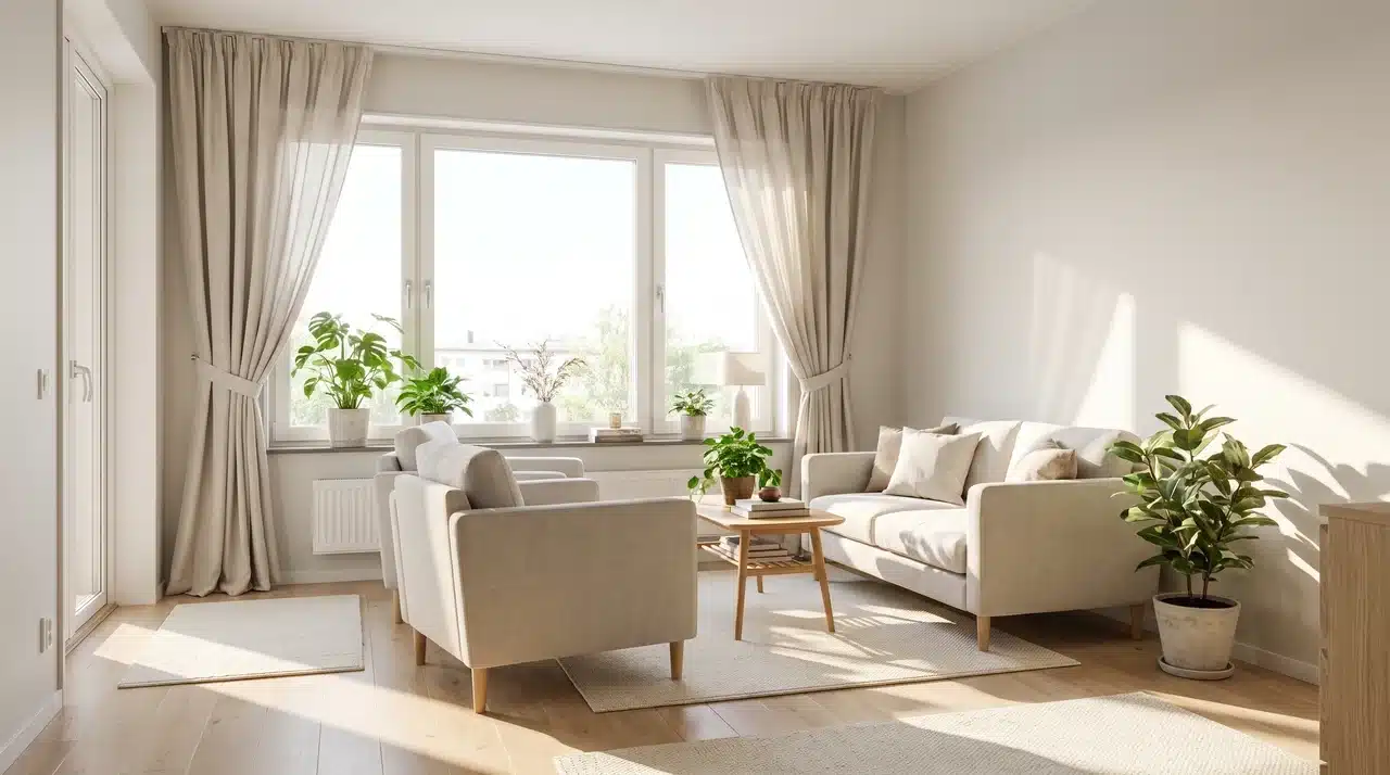 Small living room layout with a large window focal point, natural light, and open furniture arrangement.