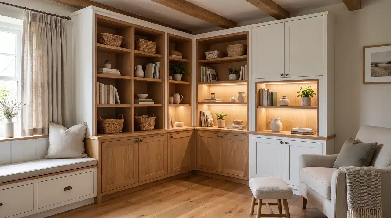 Small living room layout with corner storage that saves floor space and reduces clutter.
