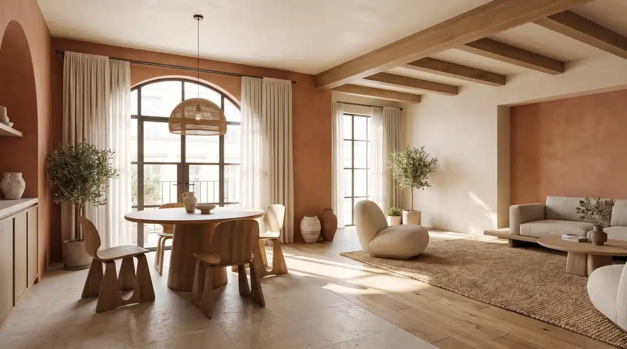 Small living room layout with a sunlit dining area combination and clearly defined functional zones.