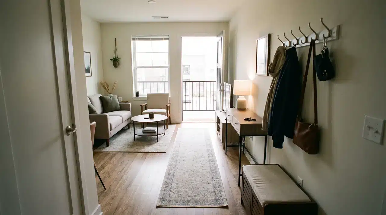 Small living room layout keeping entryways clear with better furniture flow.