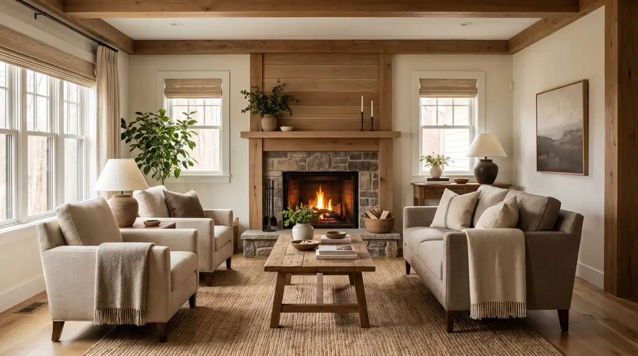 Small living room layout centered around a fireplace with comfortable open seating.
