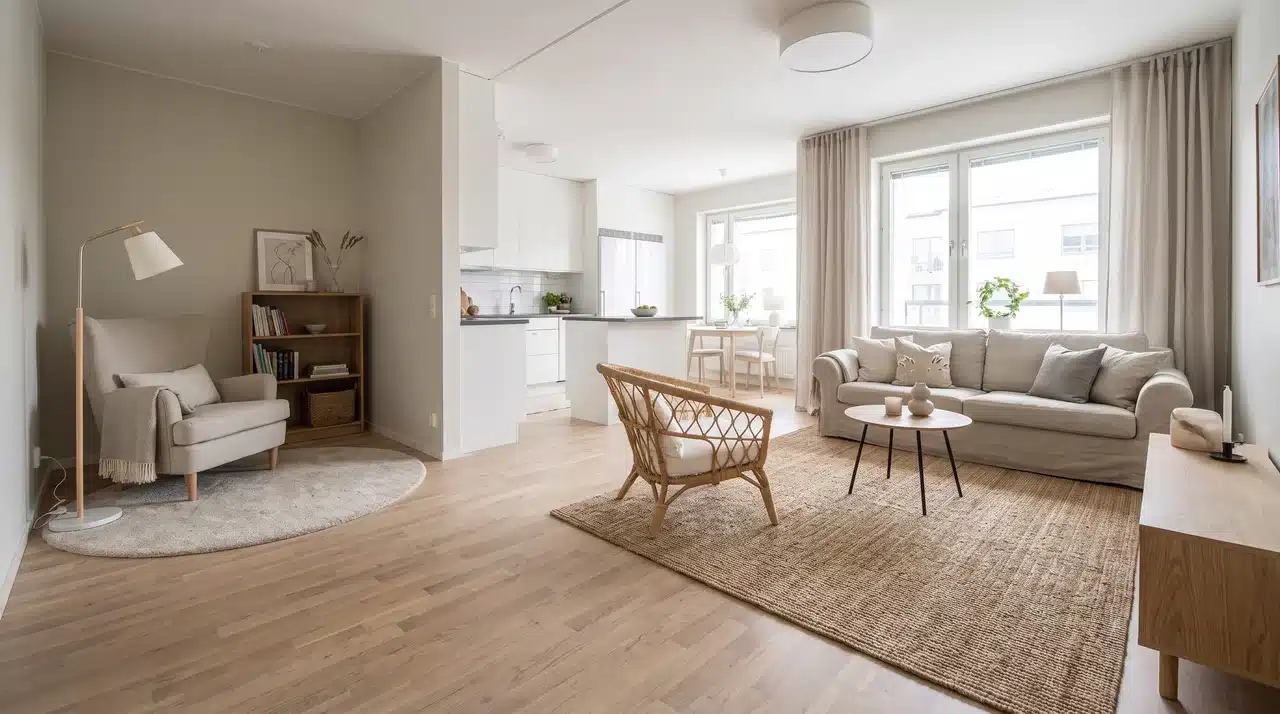 Open-plan living room with separate seating, reading, and dining zones divided by furniture placement and area rugs.