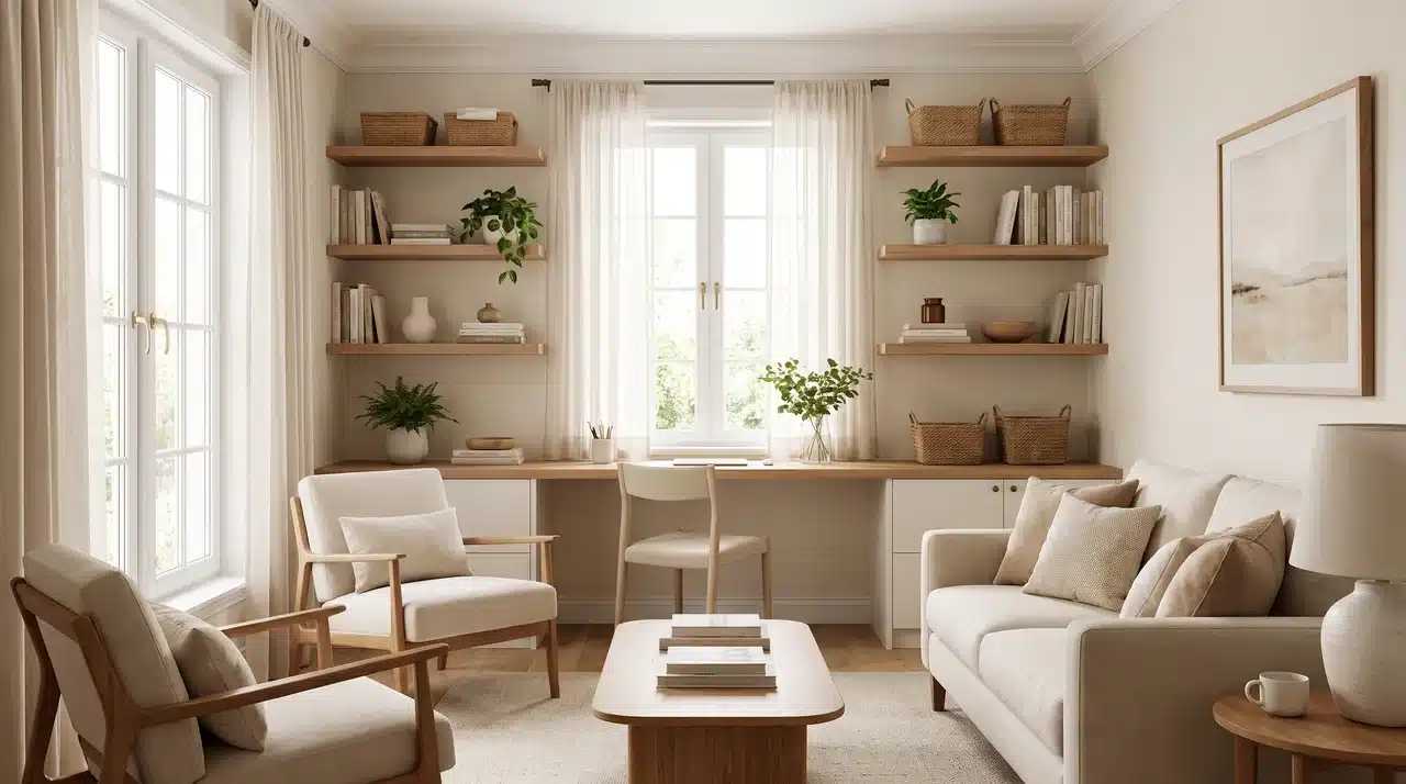 Small living room layout with a compact workspace corner and comfortable seating area.