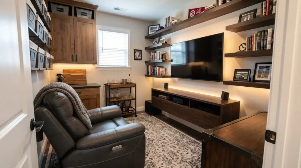 21 Small Man Cave Ideas that Maximize Every Inch small man cave with a cozy seating area, TV, storage, and space-saving design features