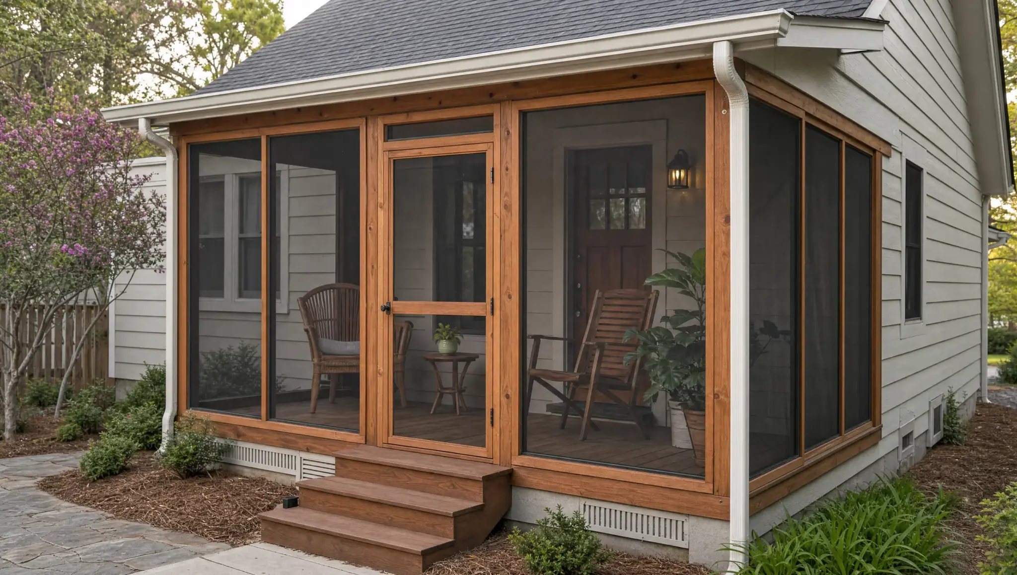 small screened wooden porch with framed mesh panels and a cozy seating area outside a home entrance