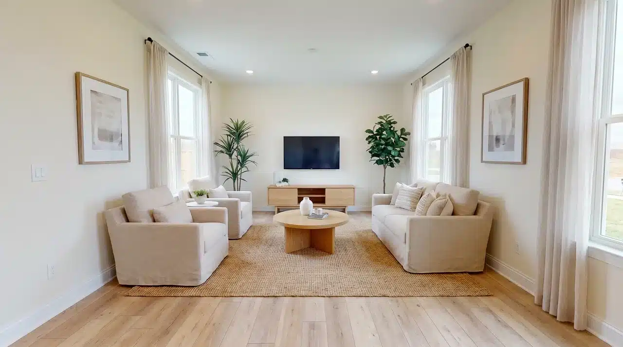 Square living room with balanced seating around a central coffee table and TV focal point, creating an open symmetrical layout.