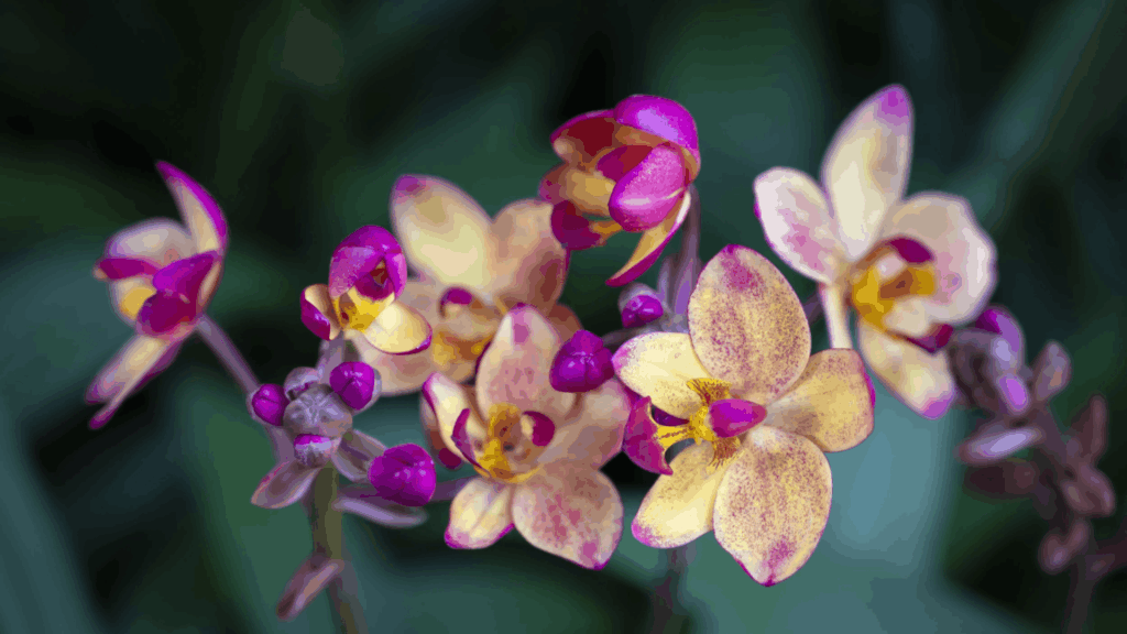 15 Types of Orchids Every Plant Lover Should Know small yellow and pink orchid flowers blooming with purple buds on delicate stems against a softly blurred green background (1) (1)