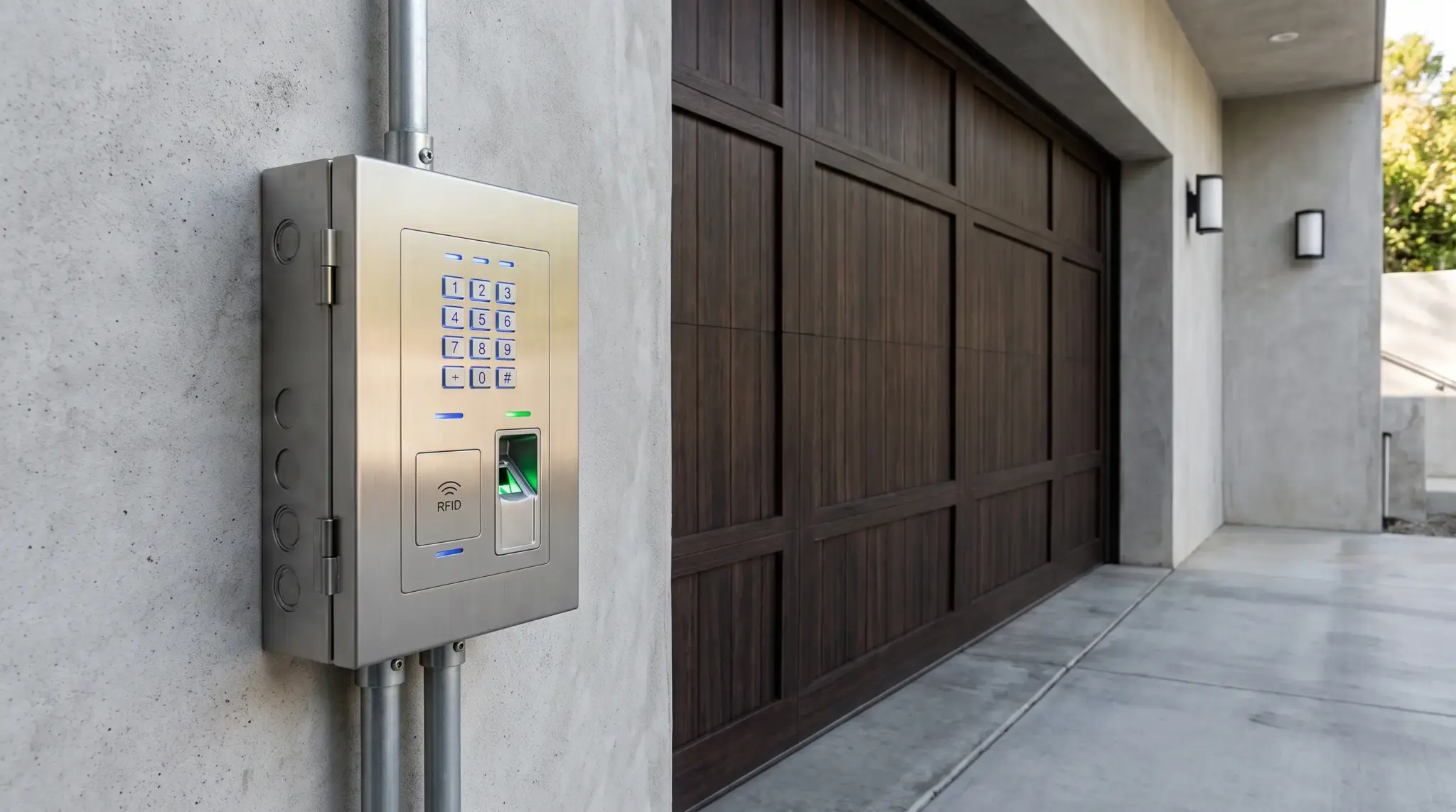 Modern garage entrance with keypad, RFID, and biometric smart entry system for controlled secure access.