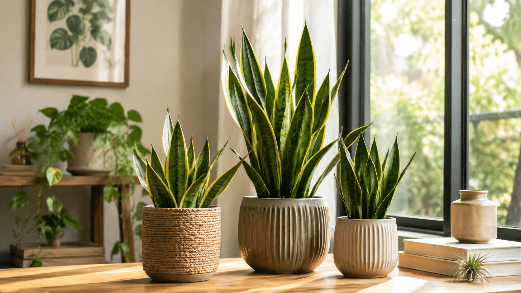 Tall snake plant with upright variegated leaves in a ceramic pot