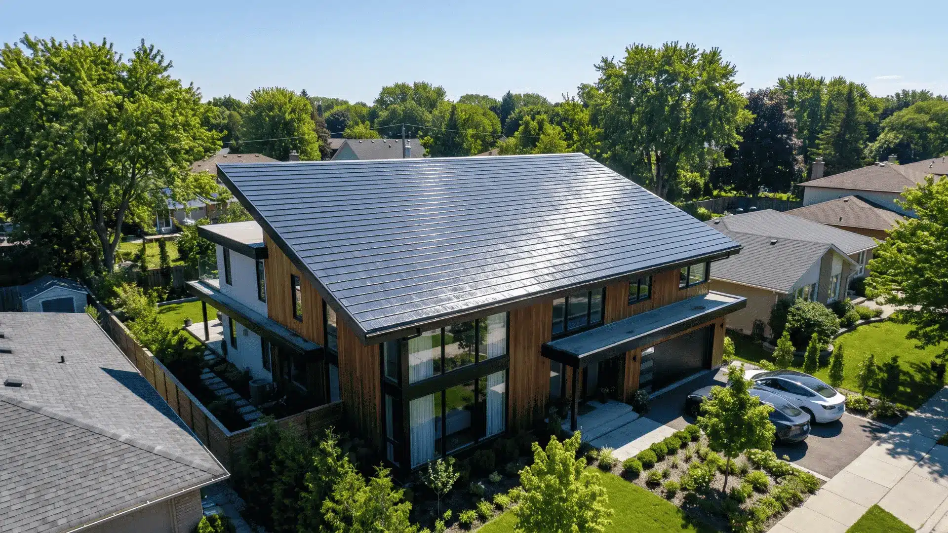 Home with solar shingles generating renewable energy from the roof.