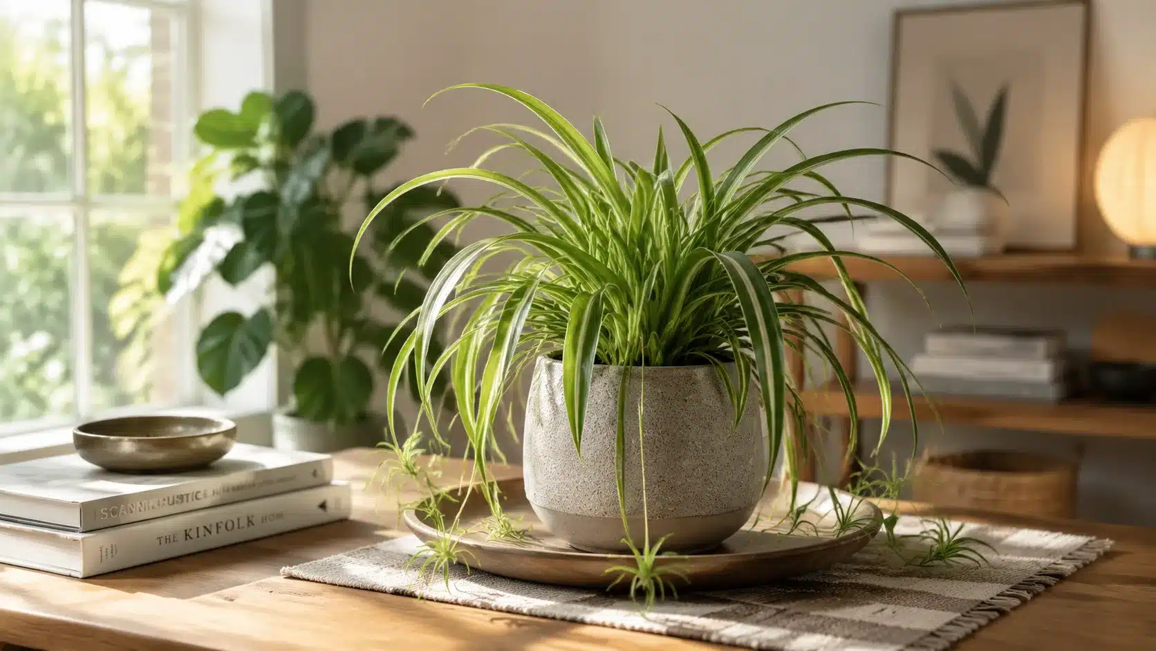 Spider plant with arching striped leaves and small plantlets in a hanging pot