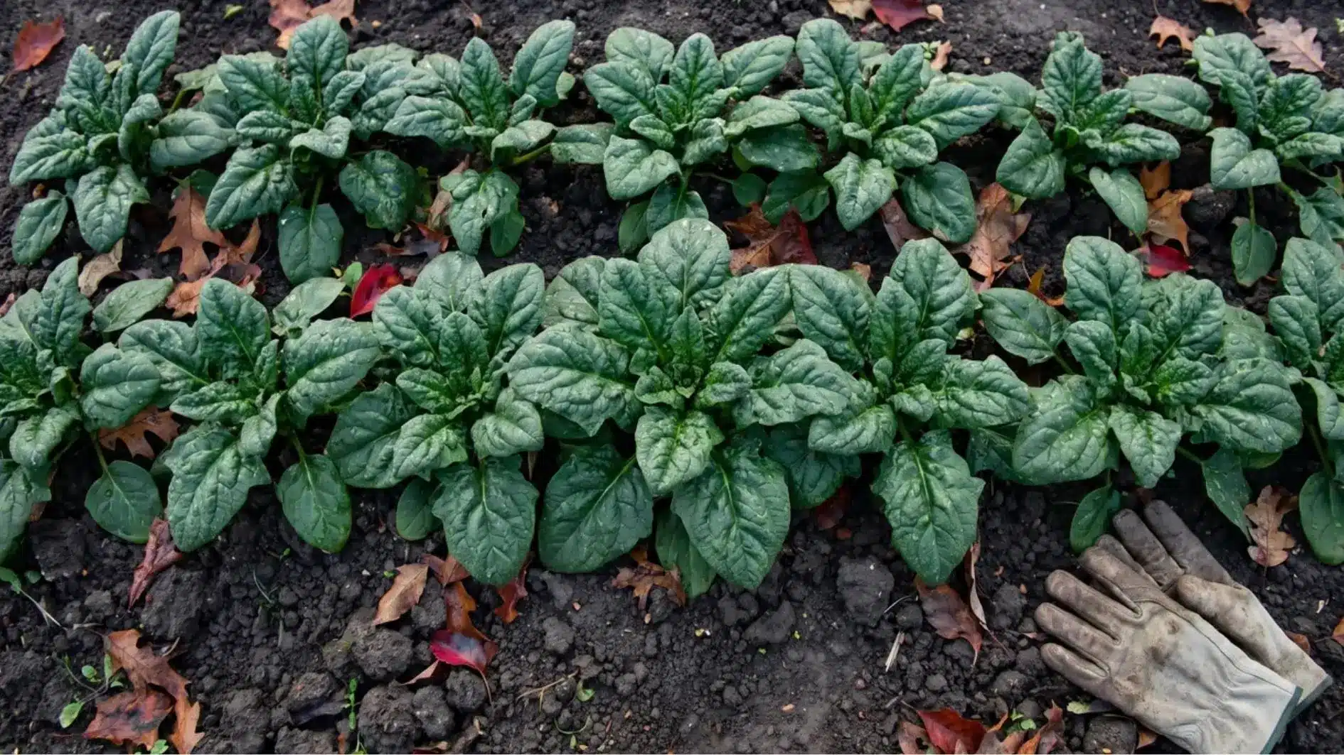 Spinach leaves growing in a fall garden bed