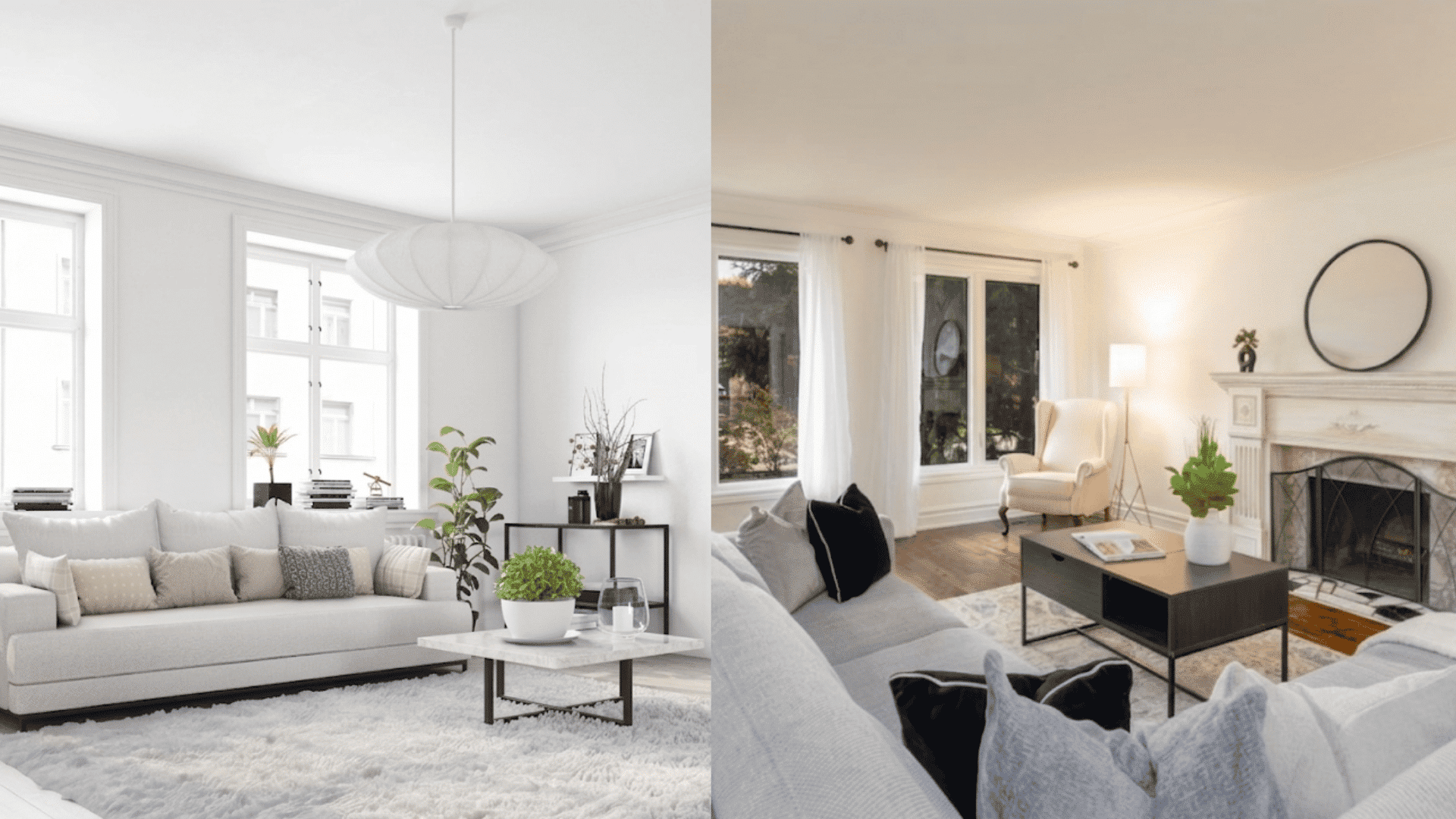 split view of two living rooms one minimalist bright white interior and one warm cozy room with fireplace and seating