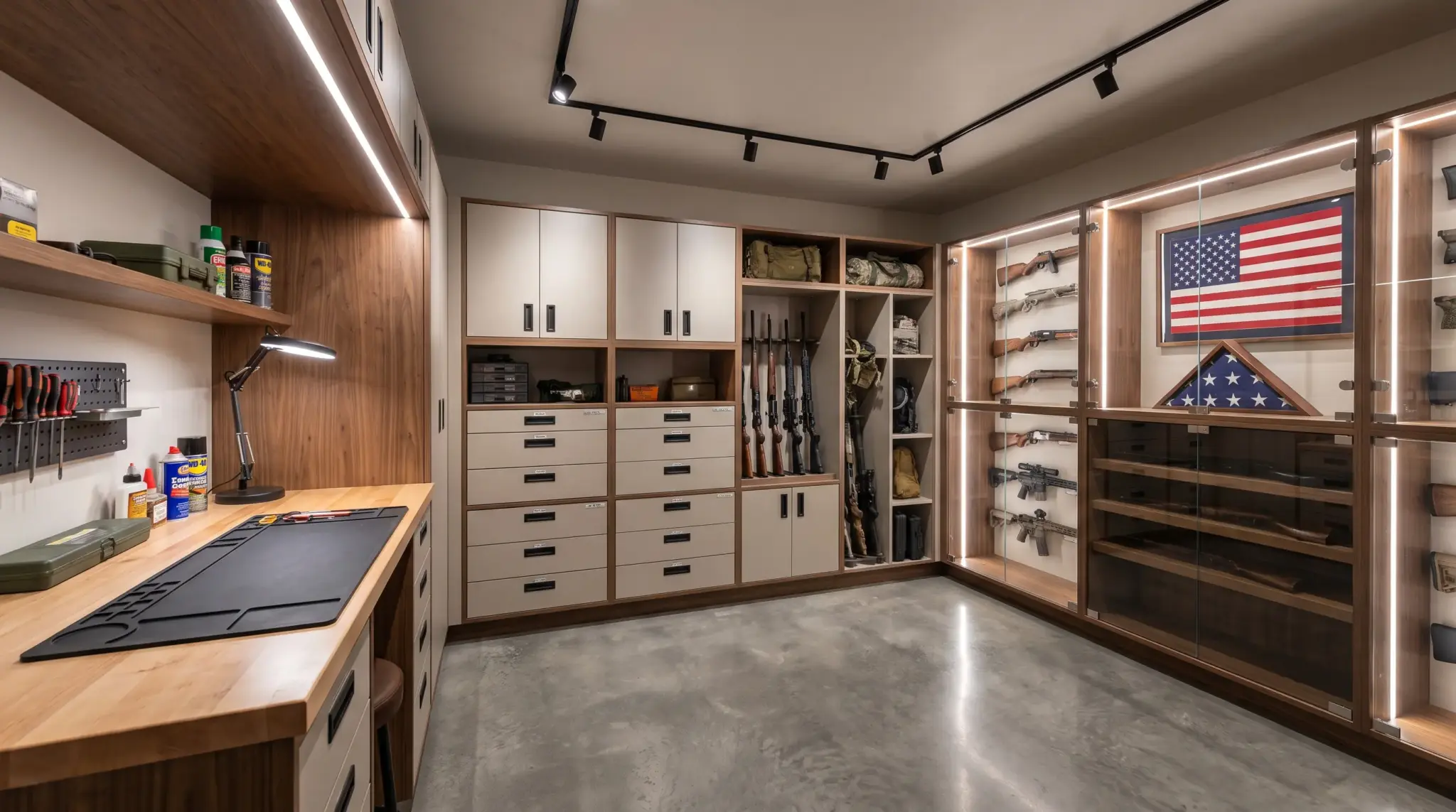 L-shaped gun room layout with organized storage walls and open floor space for easy movement.